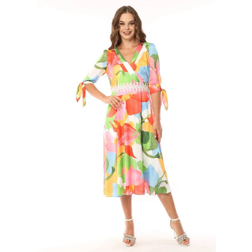 2861-31 - Floral Tie Sleeve Silky V-Neck Dress