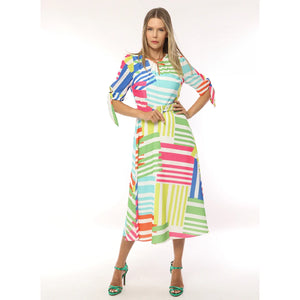 2349-19 - Criss Cross Print Tie Sleeve Dress with a Removable Belt