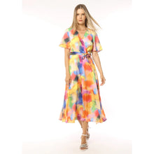 2298-24 - Rainbow Print Silky V-Neck Dress with a Removable Belt