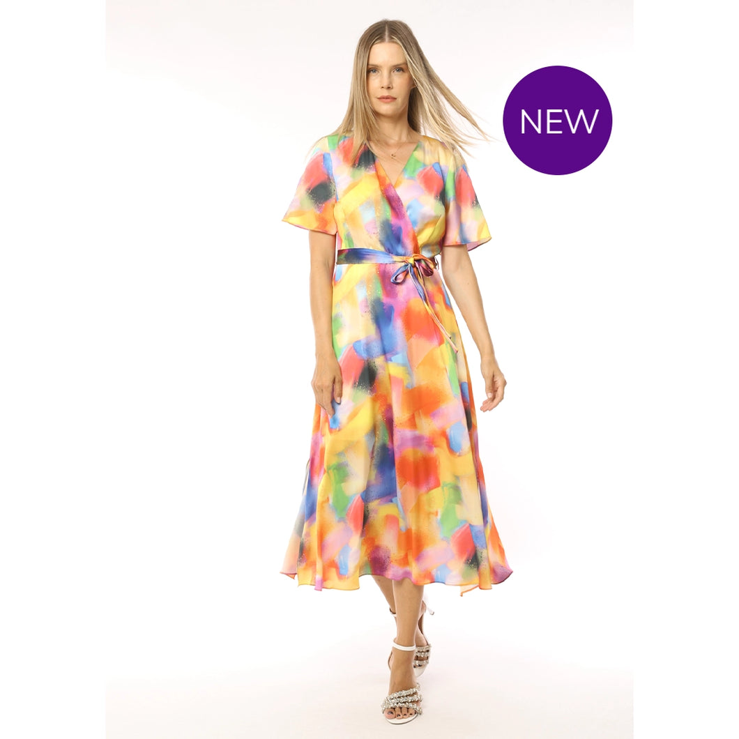 2298-24 - Rainbow Print Silky V-Neck Dress with a Removable Belt