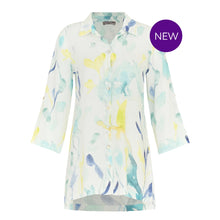 24630 - Long Linen Button Through Shirt 'Turquoise Bloom by Jennifer Goldberg'