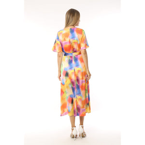 2298-24 - Rainbow Print Silky V-Neck Dress with a Removable Belt