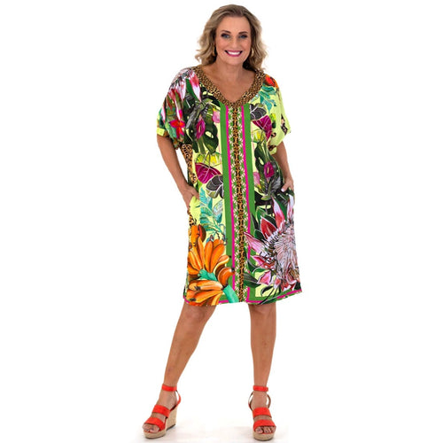 MS1804 - Jungle Leopard Trim V-Neck Dress