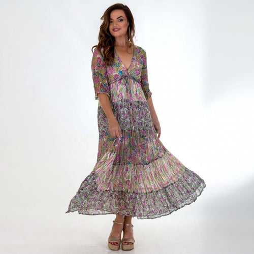 MS1607W - Crinkle Long Sleeve Geranium Print Maxi Dress