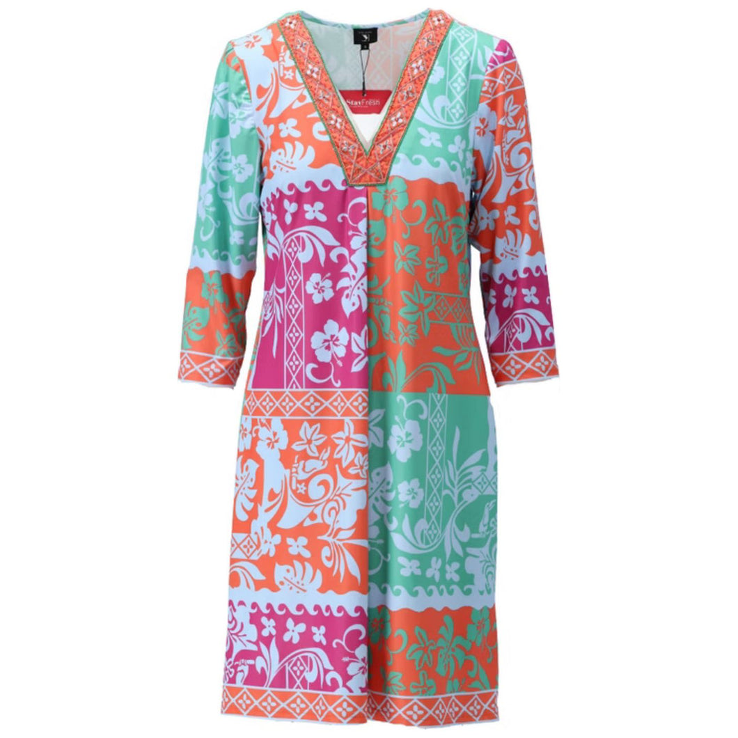 A406 - Hawaiian Print V-Neck Dress