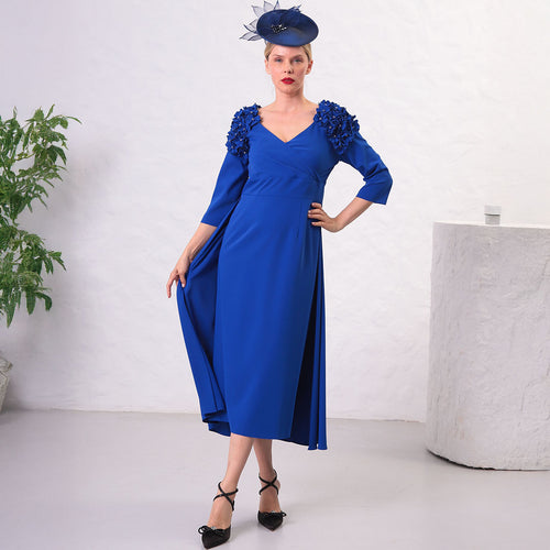 2244-40 - Pleated Cape Dress with Embellished Floral Details