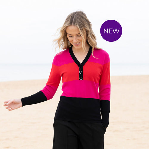 8009 - V-Neck Contrast Button Detail Top