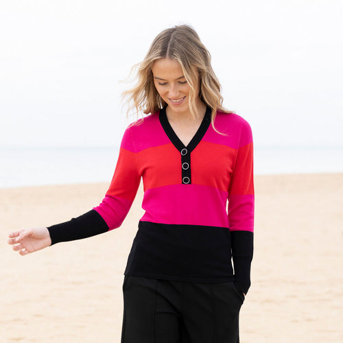 8009 - V-Neck Contrast Button Detail Top