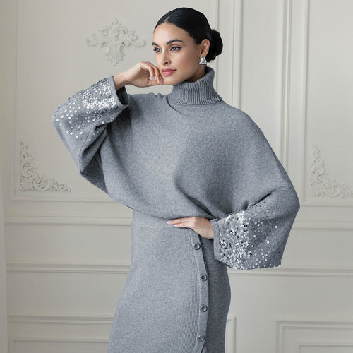 EW35123 - Cowl Neck Sparkle Sleeve Top