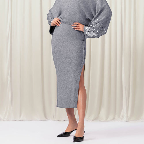 EW35124 - Long Ribbed Button Side Skirt