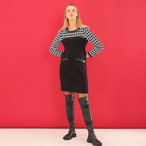 75105 - Houndstooth Check & Pleather Trim Dress