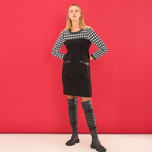 75105 - Houndstooth Check & Pleather Trim Dress