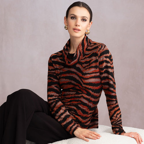 A46129 - Tiger Print Cowl Neck Top