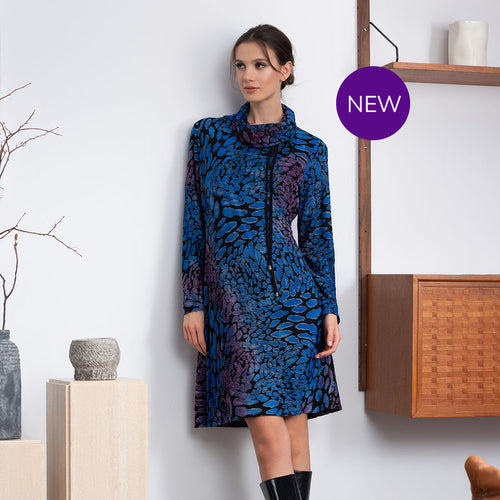A46280 - Patterned Cowl Tie Neck Dress