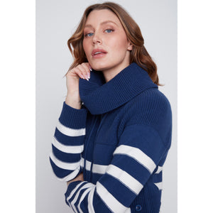 2523016 - Navy Striped Cowl Neck Top