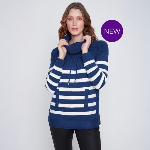 2523016 - Navy Striped Cowl Neck Top