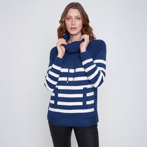2523016 - Navy Striped Cowl Neck Top