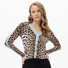 19140 - Animal Print Turquoise Detail Button Cardi - Pennita