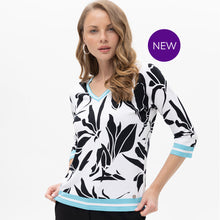 19065 - Patterned Print Turquoise Trim V-Neck Top - Pennita