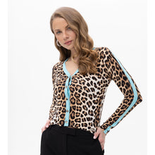 19140 - Animal Print Turquoise Detail Button Cardi - Pennita