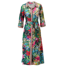 C410- Vibrant Tropical Geometric Trim Button Through Dress with Removable Belt - Pennita