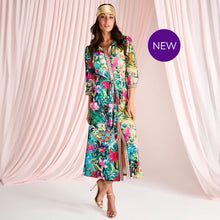 C410- Vibrant Tropical Geometric Trim Button Through Dress with Removable Belt - Pennita