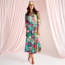 C410- Vibrant Tropical Geometric Trim Button Through Dress with Removable Belt - Pennita