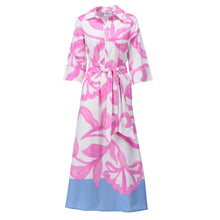 C355L - Floral Print Blue Hem Long Sleeve Maxi Dress with Removable Belt - Pennita