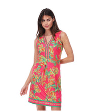 C400 - Fuchsia Beaded V-Neck Tropical Sleeveless Dress - Pennita