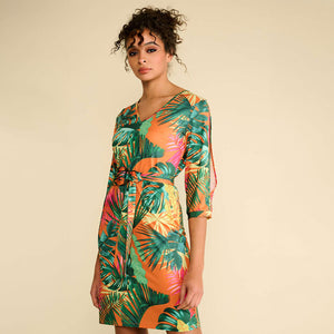 A218 - Jungle Palm Leaf Split Sleeve Dress & Belt