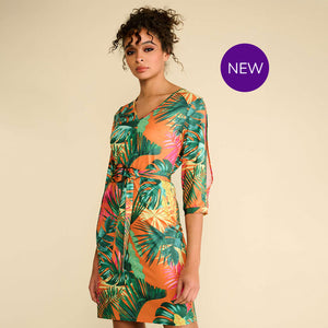 A218 - Jungle Palm Leaf Split Sleeve Dress & Belt